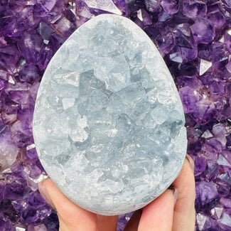 Blue Celestite (Celestine) Free Form Egg Druzy - Large Rough Raw Natural Flat Cut Base