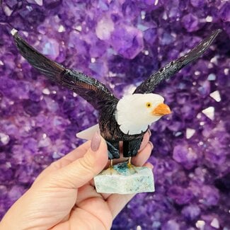 Open Winged Alabaster & Black Onyx Eagle on Chrysocolla Base - Large 4x6.5" Animal Carving Figurine