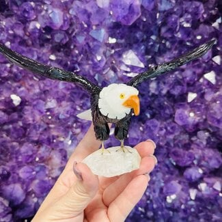 Open Winged Alabaster & Black Onyx Eagle on Clear Quartz Base - Large 4x6.5" Animal Carving Figurine