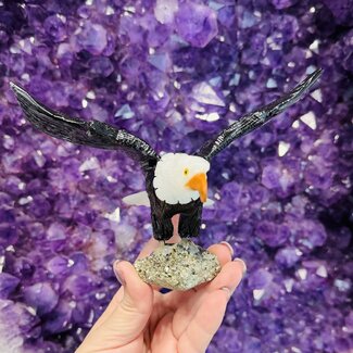 Open Winged Alabaster & Black Onyx Eagle on Pyrite Base - Large 4x6.5" Animal Carving Figurine