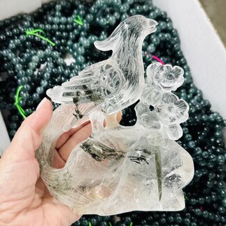 Clear Quartz & Chlorite Specimen - Singing Bird & Flowers on Base  7"