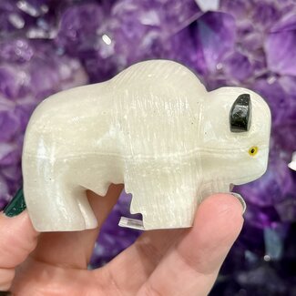White Alabaster & Black Onyx Buffalo Bison - Medium 3" Animal Carving Figurine