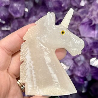 White Alabaster Unicorn Heads Bust Profile - Medium 3" Animal Carving Figurine