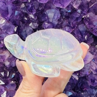 White Angel Aura Clear (Crystal) Quartz Turtles - Large 3" Animal Carving Figurine