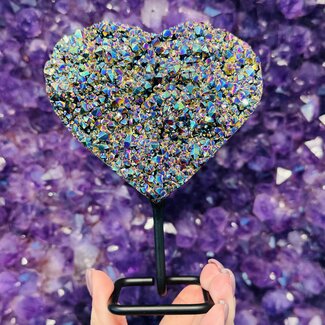 Rainbow Dark Blue (Titanium) Druzy Hearts on Black Pin Stand - 6" Carving
