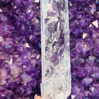 Clear (Crystal) Quartz Point on Silver Metal Pin Stand (AAA Grade) - Large 10" Blade Rainbows Specimen