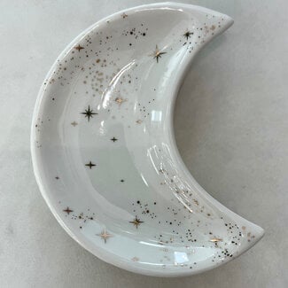 Crescent Moon Dish - White & Gold Jewelry Ring Crystal Ceramic Trinket Holder  4"
