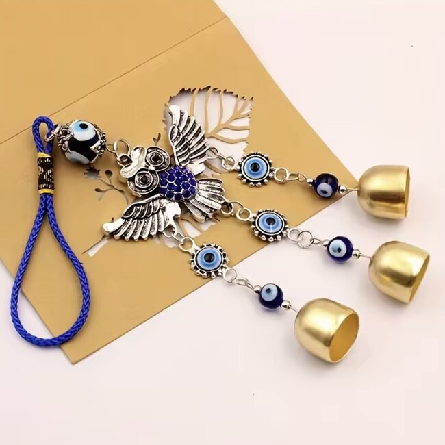 Evil Eye Wall Hanging Bells Decor - 9.5" Owl with Open Wings Brass Bells Blue Eye -  Door Window Protection