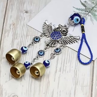 Evil Eye Wall Hanging Bells Decor - 9.5" Owl with Open Wings Brass Bells Blue Eye -  Door Window Protection