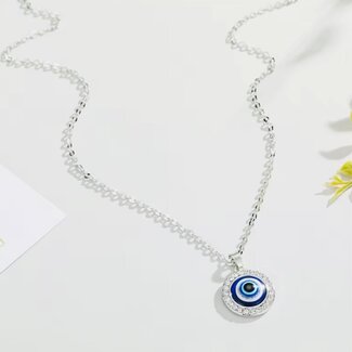 Evil Eye Necklaces - 18" Jeweled Round Blue Eye - Silver Plated