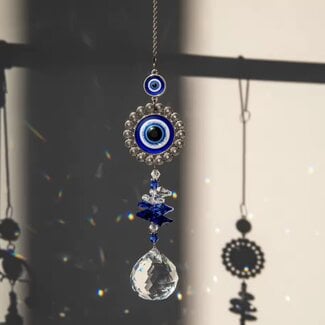 Evil Eye Wall Hanging Decor Suncatcher Sun Catcher- 2 Blue Eyes Blue & Crystal Stacks - 13" Mirror Prism Door Window Protection