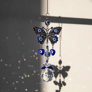 Evil Eye Wall Hanging Decor Suncatcher Sun Catcher- Blue Butterfly Blue Hearts - 13" Mirror Prism Door Window Protection