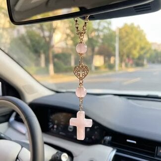 Rose Quartz Hangable Cross - 9" Gold Accents Hearts Rosary - Mirror Window Wall