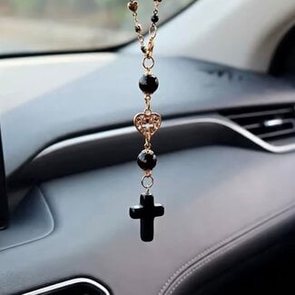 Black Obsidian Hangable Cross - 9" Gold Accents Hearts Rosary - Mirror Window Wall