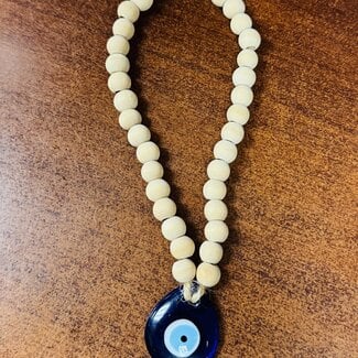 Evil Eye Glass Hanging Decor - Blue Teardrop Pear Eye - Wooden Beads - Hangable Wall Door