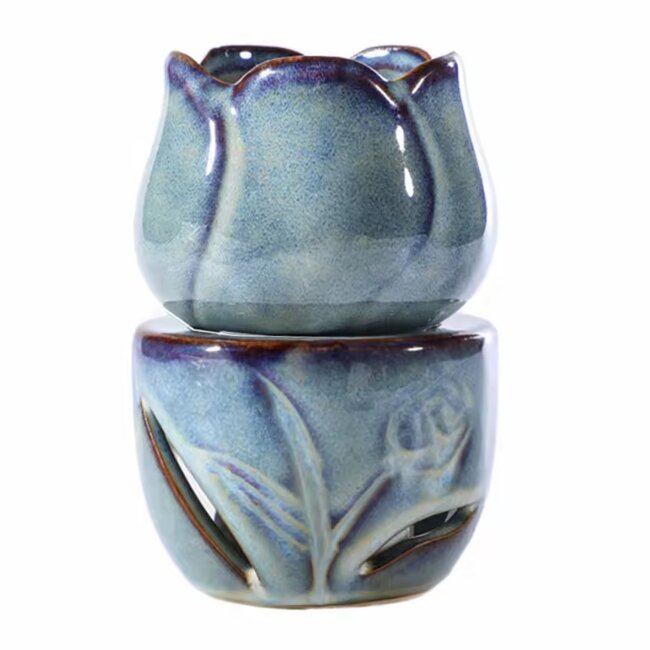 Ceramic Oil Burner - Tulip Blue Fragrance Oil Votive Candle Rounded