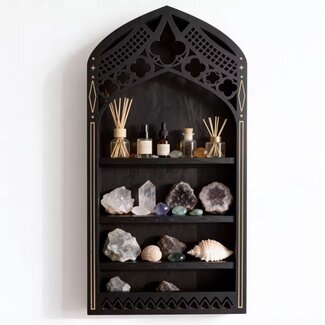 Black Wooden Wall Crystal Shelf - Church Window Design Display Stand Decor 15.75"x 8"