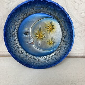 Incense Stick Burner Round Plate with Crescent Moon Face and Stars - Blue and Yellow 5"Diameter