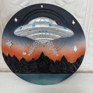 Incense Stick Burner Round Plate with (Space Ship Spaceship UFO) - Multi Colored 5"Dia