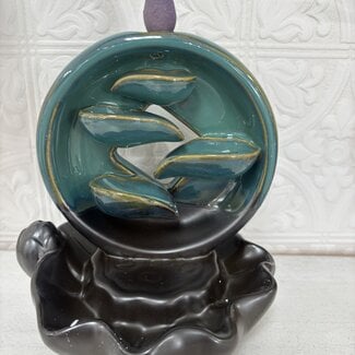Backflow Incense Cone Burner- (Teal & Brown) Lily Pad & Cascading Leaves - Round 5.25" x 6"
