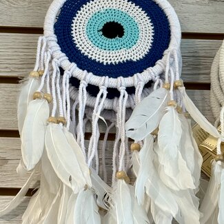 Evil Eye Blue Yarn Knitted Dreamcatcher Dream Catcher - 18" x 7" White Feathers Beaded