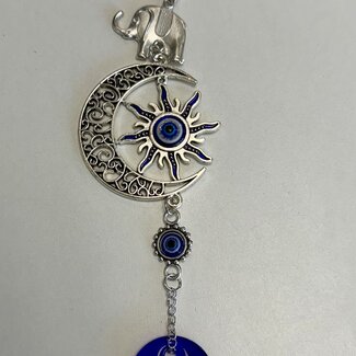 Evil Eye Elephant Standing on Sun Inside Crescent Moon  - Silver (Plated) Hangable 7.5" Home Decor Window Mirror Protection