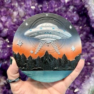 Incense Stick Burner Round Plate with (Space Ship Spaceship UFO) - Multi Colored 5"Dia