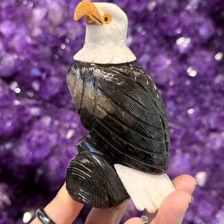 White Alabaster & Black Onyx Eagle - Large (4.5-5") Pearched Animal Carving Figurine