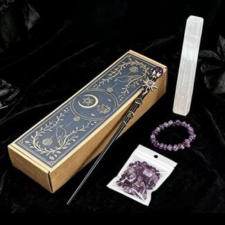 Amethyst Wand Altar Kit - Includes Amethyst Wand, Amethyst Chips, Selenite Wand and Amethyst Chip Bracelet