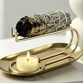 Palo Santo and/or Sage Smudge Stick Burner Holder (Gold Plated Stainless Steel) - 2pc Set (Sage, Palo & Candle Sold Separately)