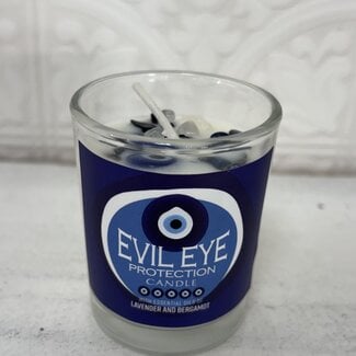 Evil Eye Candle - 4oz Glass Jar Black Obsidian Clear Quartz & Sodalite - Protection with Lavender & Bergamot