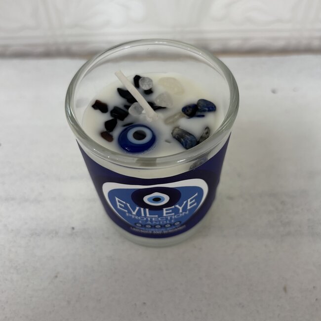 Evil Eye Candle - 4oz Glass Jar Black Obsidian Clear Quartz & Sodalite - Protection with Lavender & Bergamot