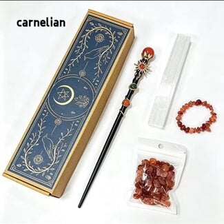 Carnelian Wand Altar Kit - Includes Carnelian Wand, Carnelian Chips, Selenite Wand and Carnelian Chip Bracelet