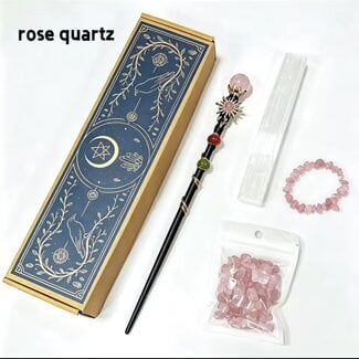 Rose Quartz Wand Altar Kit - Includes Rose Quartz Wand, Rose Quartz Chips, Selenite Wand and Rose Quartz Chip Bracelet