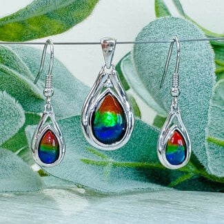 Ammolite (Ammonite) Pendant & Earring Set (AAA Grade) - Teardrop Fancy Pear Bezel Set - Sterling Silver