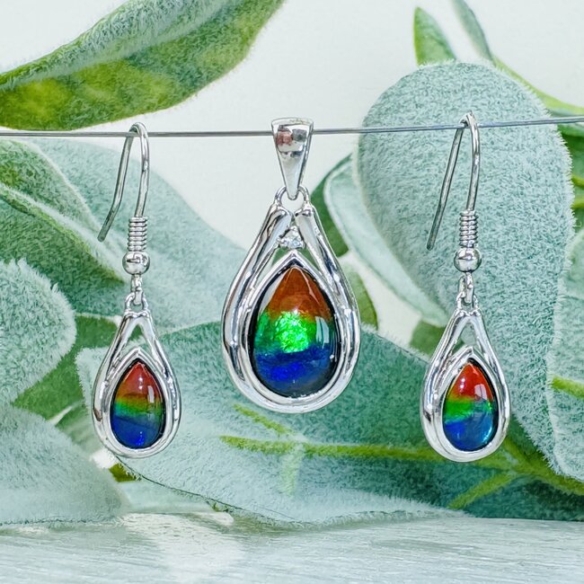 Ammolite (Ammonite) Pendant & Earring Set (AAA Grade) - Teardrop Fancy Pear Bezel Set - Sterling Silver