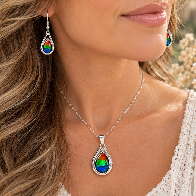 Ammolite (Ammonite) Pendant & Earring Set (AAA Grade) - Teardrop Fancy Pear Bezel Set - Sterling Silver