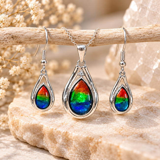 Ammolite (Ammonite) Pendant & Earring Set (AAA Grade) - Teardrop Fancy Pear Bezel Set - Sterling Silver