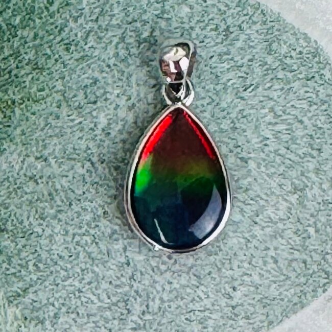 Ammolite (Ammonite) Pendants (AAA Grade) - Teardrop Pear Bezel Set - Sterling Silver 12x8