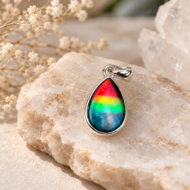 Ammolite (Ammonite) Pendants (AAA Grade) - Teardrop Pear Bezel Set - Sterling Silver 12x8
