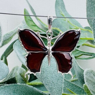 Dark Amber Pendants - Butterfly 1" Bezel Set - Sterling Silver
