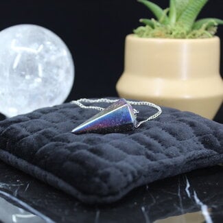Rainbow Titanium Hematite Pendulums - 8.5" Moon & Star Charm - Dowsing Hexagonal Faceted Cone Point Divination - Silver Chain Crystal Gemstone