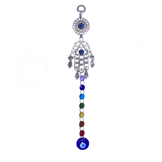 Evil Eye Wall Hanging Decor - Hand of Fatima Hamsa Chakra Suncatcher Sun Catcher Blue Glass Round Eye - 11.75" (Large) Door Window Protection