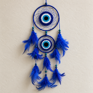 Evil Eye Blue Dreamcatcher Dream Catcher - 22.5" Double Macramé Blue Feathers Beaded