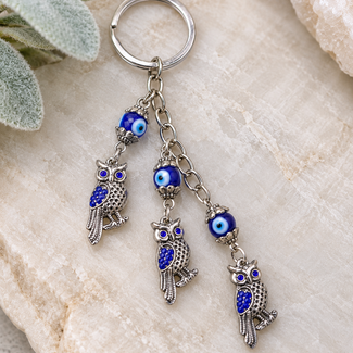 Evil Eye Keychains - Triple Owls Hanging - Blue Eye Silver 5" Key Chain