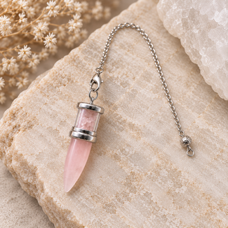 Rose Quartz Pendulums - Drop Chambered Chips Cone Point - Silver Bead & Chain 9" Divination Dowsing