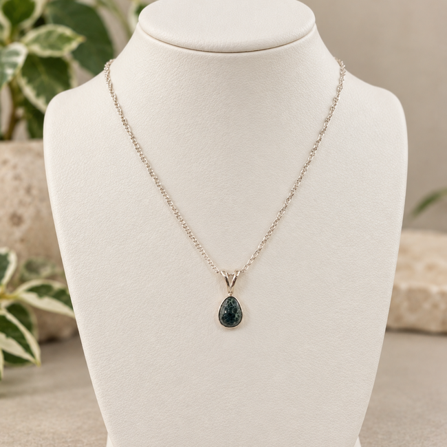 Chlorastrolite (Isle Royale Michigan Greenstone) Necklace - 18" Dainty Twist - Free Form Bezel Set Pendant - Sterling Silver