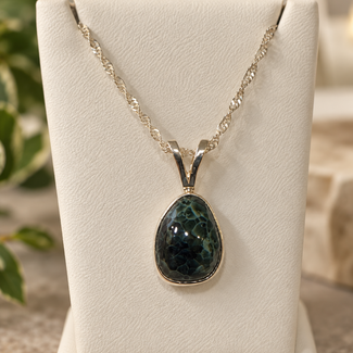 Chlorastrolite (Isle Royale Michigan Greenstone) Necklace - 18" Dainty Twist - Free Form Bezel Set Pendant - Sterling Silver