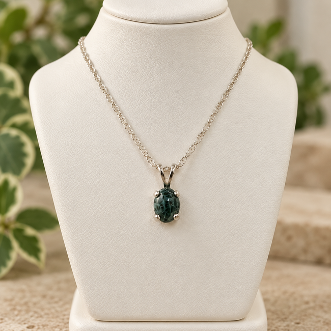 Chlorastrolite (Isle Royale Michigan Greenstone) Necklace - 18" Dainty Twist - Oval Prong Claw Set Pendant - Sterling Silver