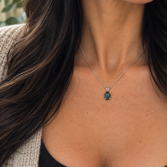 Chlorastrolite (Isle Royale Michigan Greenstone) Necklace - 18" Dainty Twist - Oval Prong Claw Set Pendant - Sterling Silver